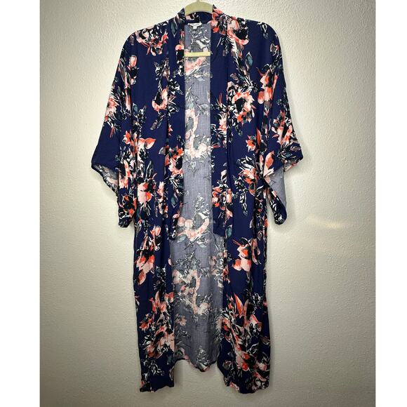 Splendid Navy Orange Ivory Multi Floral Short Sleeve Kimono Duster S - Picture 2 of 15